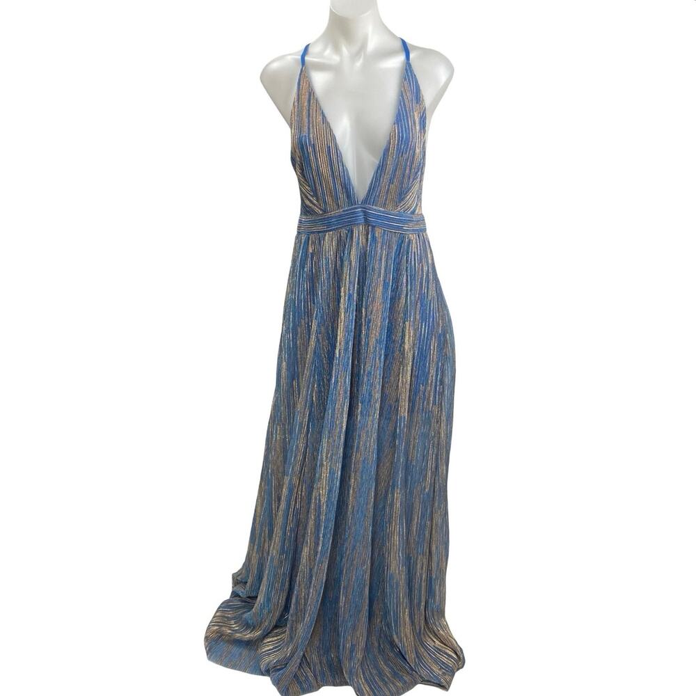 Fashion Nova Goddess Vibes Blue Metallic Mesh Sleeveless Maxi A-Line Dress Sz M